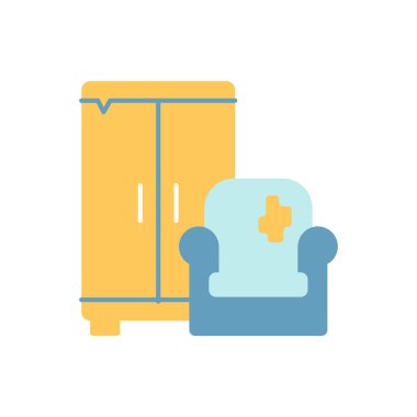 Toplu atık vektörü düz renk simgesi. Toplu reddetme. Büyük atık tipler. Ev aletleri. Mobilyalar. Her zamanki çöp kutusu koleksiyonu için çok büyük. Mobil uygulama için çizgi film klip sanatı. İzole edilmiş RGB illüstrasyonu