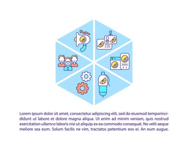 Metinli kurumsal marka konsepti simgeleri. Kopya uzayı ile PPT sayfa vektör şablonu. Broşür, dergi, gazete tasarımı. Beyazlar üzerinde iş tanıtımı doğrusal çizimler