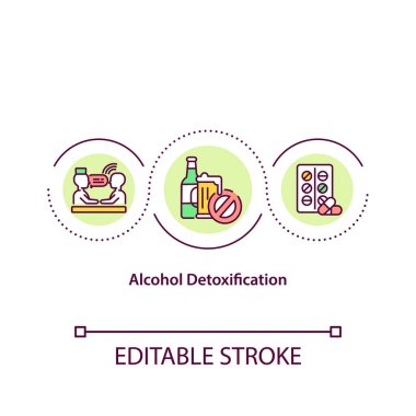 Alkol detoksifikasyon konsepti. İnsan vücudunu zehirli ilaçlardan arındırmak. Alkolizm tedavisi soyut fikir ince çizgi çizimi. Vektör izole edilmiş dış hat renk çizimi. Düzenlenebilir vuruş