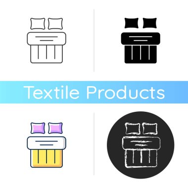 Çift yatak seti ikonu. Gece dinlenmek için otel odası. Büyük boy çarşaf. Tekstil ürünleri, ev giysileri. Uyku hijyeni. Lineer siyah ve RGB renk stilleri. İzole vektör çizimleri