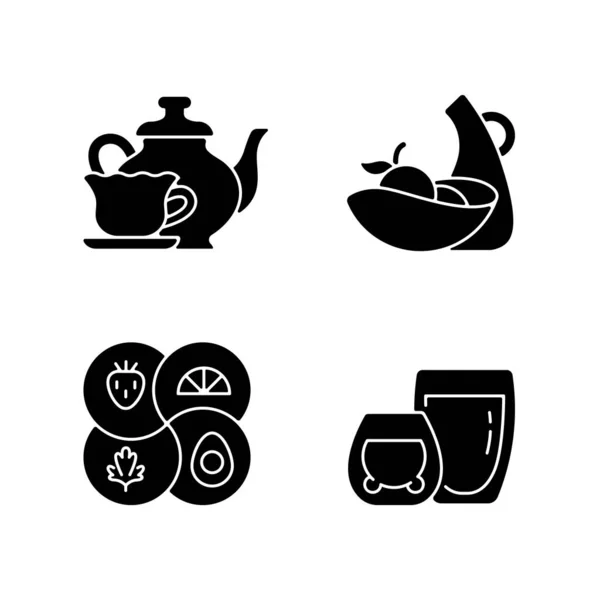 时尚厨房用具的黑色色彩斑斓图标设置在白色的空间 分段板和分割盘 双杯热茶 古董式餐具 轮廓符号 矢量孤立的说明 — 图库矢量图片