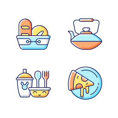 Kitcken yemek takımı RGB renk simgeleri ayarlandı. İzole vektör çizimleri. Mutfak ekmek sepeti. Pizzacılar için pizza tabağı. Güvenli çocuklar için yemek takımı. Çin demir çaydanlığı basit doldurulmuş çizgi çizimleri koleksiyonu