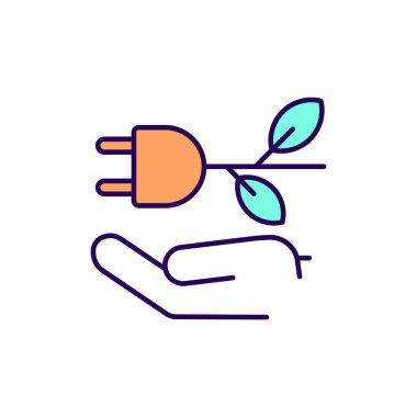 Yeşil elektrik RGB renk simgesi. Temiz enerji üretimi. Çevresel etkiyi düşürüyorum. İzole vektör çizimi. Yenilenebilir elektrik. Fosil olmayan enerji kaynakları basit doldurulmuş çizgi çizimi