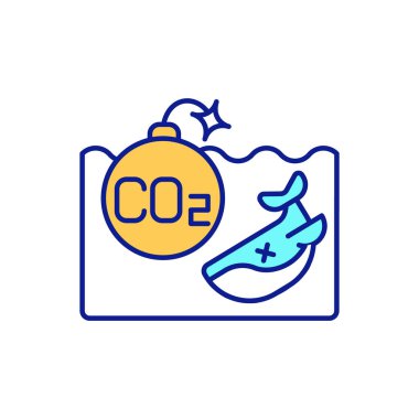 Okyanus çevresi üzerinde karbon etkisi RGB renk simgesi. Deniz yaşamına tehdit. Karbondioksit artıyor. Küresel iklim değişikliği. İzole vektör çizimi. Artan okyanus asitliği basit doldurulmuş çizgi çizimi