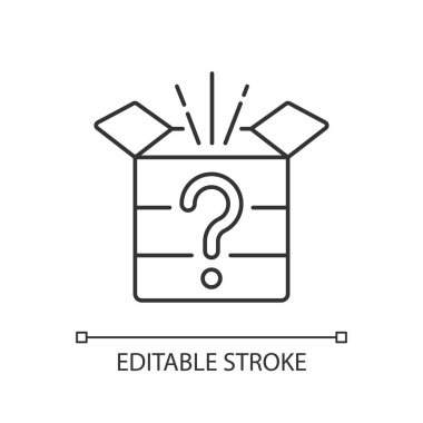 Gizemli kutu doğrusal simgesi. Göğüs ve soru işareti. Sürpriz kazan. Bulmaca çözmek, bulmaca için ipuçları. İnce çizgi özelleştirilebilir illüstrasyon. Contour sembolü. Vektör izole çizim. Düzenlenebilir vuruş