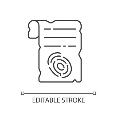 Kağıt doğrusal ikon üzerinde parmak izleri. Suç soruşturması. Eski parşömen. İnce çizgi özelleştirilebilir illüstrasyon. Contour sembolü. Vektör izole çizim. Düzenlenebilir vuruş