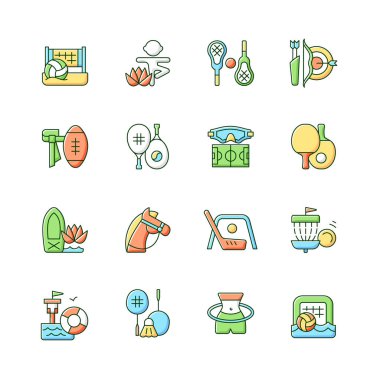 Yaz sporları ve kamp aktiviteleri RGB renk simgeleri seti. Plaj voleybolu. Çocuk yogası. Bayrak futbolu. Raket sporu. İzole vektör çizimleri. Vücut çalışması basit doldurulmuş çizgi çizimleri koleksiyonu