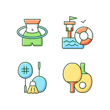 Yaz kampı aktiviteleri RGB renk simgeleri ayarlandı. Hula Hoop antrenmanı. Badminton 'da. Masa tenisi. Vücut ısısı. İzole vektör çizimleri. Cankurtaran eğitimi basit doldurulmuş çizgi çizimleri koleksiyonu