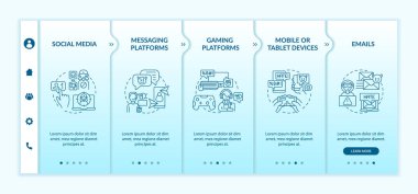 Siber taciz kanalları vektör şablonunda. Simgeli ilgili mobil web sitesi. Web sayfasında 5 basamaklı ekranlar. E- postalar, oyun platformları doğrusal illüstrasyonlu renk kavramı
