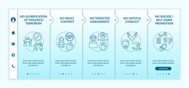 Sosyal medya konuşma güvenliği vektör şablonunda. Simgeli ilgili mobil web sitesi. Web sayfasında 5 basamaklı ekranlar. Doğrusal çizimlerle intihar tanıtım rengi kavramı yok
