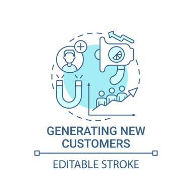 Yeni müşteri konsept simgesi oluşturuluyor. Güçlü marka fayda soyut fikir ince çizgi illüstrasyon. Mevcut müşterilerden gelir elde etmek. Vektör izole edilmiş dış hat renk çizimi. Düzenlenebilir vuruş