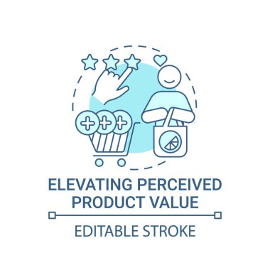 Algılanan ürün değeri konsepti simgesi yükseliyor. Güçlü marka soyut fikir ince çizgi çizimi. Marka reklamı. Mallar değerlidir, arzulanır. Vektör izole edilmiş dış hat renk çizimi. Düzenlenebilir vuruş