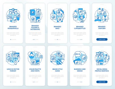 Mobil uygulama sayfasındaki kurumsal markalaşma kavramları ayarlandı. Tanımlama işlemi artırılıyor. 5 adım grafik talimatlar. UI, UX, doğrusal renk çizimleri olan GUI vektör şablonu