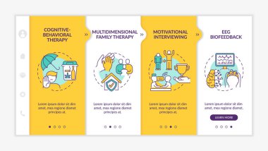 Bağımlılık tedavi yöntemleri vektör şablonunda. Simgeli ilgili mobil web sitesi. Web sayfasında 4 basamaklı ekranlar. Doğrusal çizimlerle bilişsel davranış terapisi renk kavramı