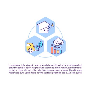 Metin ile CO2 emisyon konsepti simgeleri düşürülüyor. Kopya uzayı ile PPT sayfa vektör şablonu. Broşür, dergi, gazete tasarımı. Beyaz üzerinde ev, ulaşım doğrusal çizimler