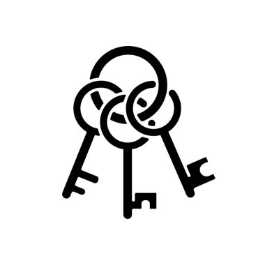 Anahtarlık siyah kabartma simgesi. Çelik anahtarlık, metalik anahtarlık. Bulmacaları çözmek, bulmacalar için ipuçları. Gizemli arayışın bir parçası. Kaçış odası. Beyaz uzayda siluet sembolü. Vektör izole illüstrasyonu