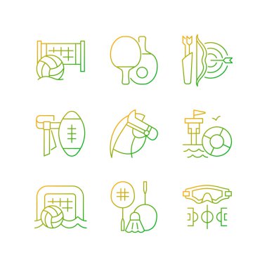 Yaz kampı aktiviteleri doğrusal vektör simgeleri ayarlandı. Plaj voleybolu. Masa tenisi. Okçuluk. At biniciliği. İnce çizgili sembol demetleri. İzole vektör ana hatları illüstrasyon koleksiyonu