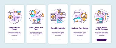 Mobil uygulama sayfasında konseptlerle markalaştırma hizmetleri. Vektör formatında logo 5 adım grafik yönergelerle yürüyor. UI, UX, doğrusal renk çizimleri olan GUI vektör şablonu