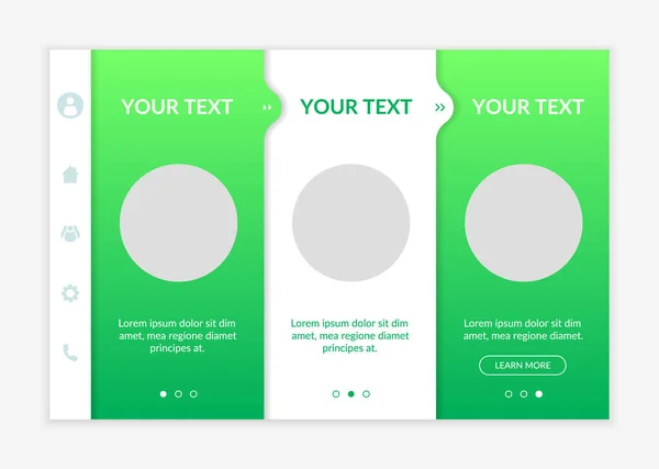 グリーン業界ビジネスオンボーディングベクトルテンプレート アイコン付きのレスポンシブモバイルウェブサイト Webページは3ステップの画面を歩きます 持続可能な開発 コピースペースによる環境問題カラーコンセプト — ストックベクタ
