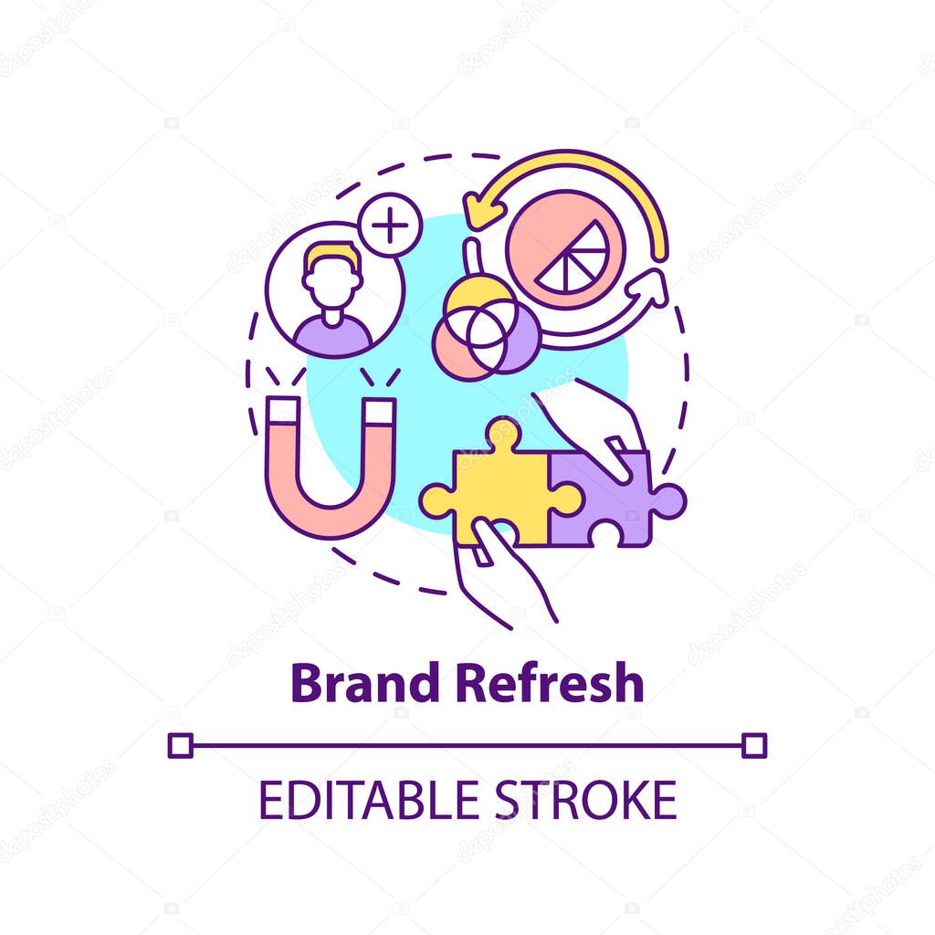 Brand refresh concept icon. Brand change type abstract idea thin line illustration. Redefining product identity. Rebranding strategy. Vector isolated outline color drawing. Editable stroke