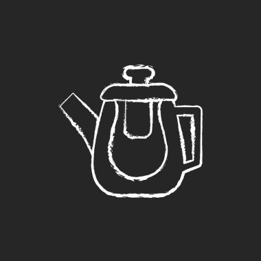 Koyu arkaplanda çift cam çaydanlık beyaz tebeşir ikonu. Sıcak çay hazırlamak için sertleştirilmiş camdan yapılmış bir kap. Özel mutfak eşyaları aksesuarları. Siyah üzerine izole edilmiş vektör çizimi