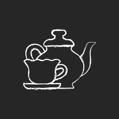 Koyu arkaplanda klasik masa takımı tebeşiri beyaz simgesi. Özel etkinlik için antika yemek takımı. Eşsiz yemek aksesuarları. Güzel masa eşyaları. Siyah üzerine izole edilmiş vektör çizimi