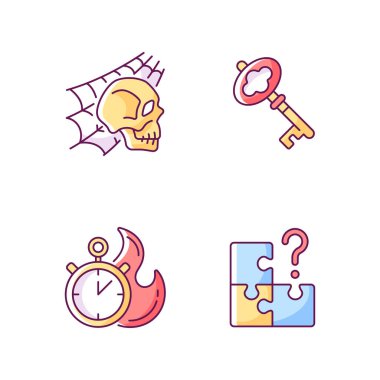 Araştırma odası RGB renk simgeleri ayarlandı. Örümcek ağlı bir kafatası. Kayıp parçayı bul. Bilmeceler için ipuçları. Gizemli arayışın bir parçası. İzole vektör çizimleri. Bulmaca çözme basit doldurulmuş çizgi çizimleri koleksiyonu