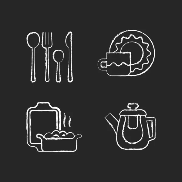 Dinner Accessories Chalk White Icons Set Dark Background Tempered Double — Stock Vector