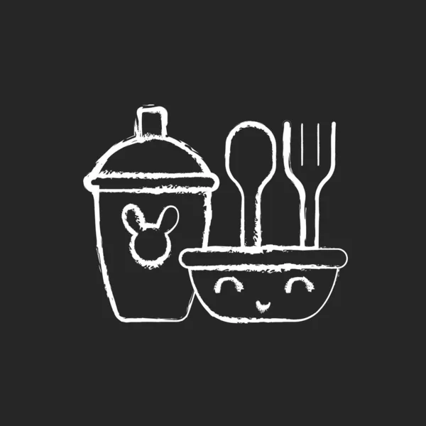 暗い背景に子供の食器チョークホワイトアイコン 子供のためのプレートは快適に食べる 食べ方を学ぶ ゴム製のプラスチックフォークとスプーン 黒の絶縁ベクトルチャークボードのイラスト — ストックベクタ