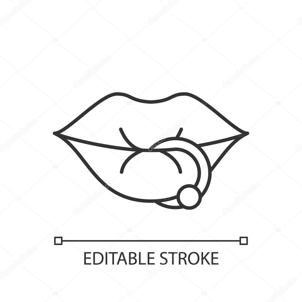 Lip piercing linear icon. Beautiful jewellery type inserted into lip. Metal needles. Thin line customizable illustration. Contour symbol. Vector isolated outline drawing. Editable stroke