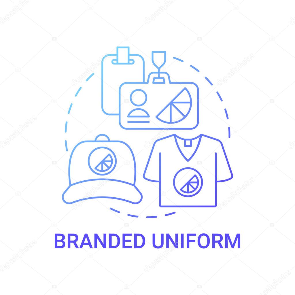 Branded uniform concept icon. Corporate branding material abstract idea thin line illustration. Company clothing. Uniform style with logo and organization name. Vector isolated outline color drawing