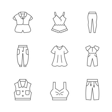 Rahat ev kıyafetleri doğrusal simgeler seti. İpek gecelik. Deri taytlar, koşucular. Kot ceketli. Büyük beden elbise. Özelleştirilebilir ince çizgi şekilleri. İzole vektör çizimi çizimleri. Düzenlenebilir vuruş