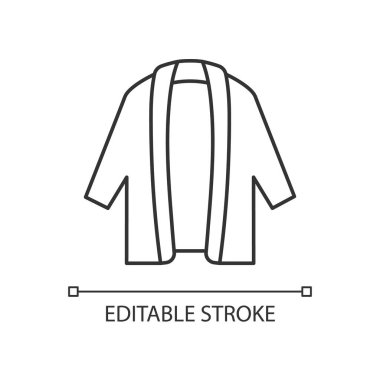 Uzun hırka çizgisel ikonu. Büyük boy moda ceket. Uniseks tarzı kıyafet. Ev için rahat kıyafet. İnce çizgi özelleştirilebilir illüstrasyon. Contour sembolü. Vektör izole çizim. Düzenlenebilir vuruş