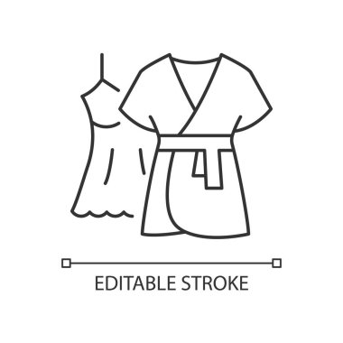 Bornoz lineer ikonlu mini elbise. Kadın uyku tulumu. Kadın geceliği. Uyumak için dantel kadın elbisesi. İnce çizgi özelleştirilebilir illüstrasyon. Contour sembolü. Vektör izole çizim. Düzenlenebilir vuruş