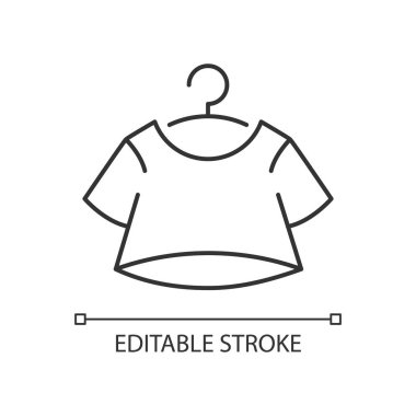 Üst doğrusal simgeyi kırpın. Kadınların kısaltması. Üniformalı rahat kıyafet. Evde dinlenmek için uygun bir kıyafet. Tişört. İnce çizgi özelleştirilebilir illüstrasyon. Contour sembolü. Vektör izole çizim. Düzenlenebilir vuruş