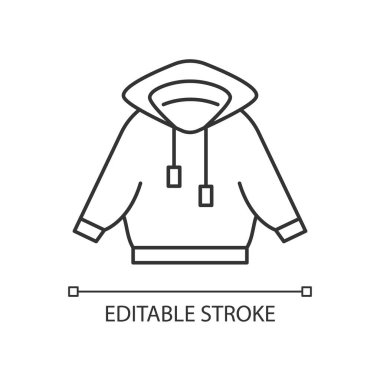 Kapüşonlu ve lineer ikonlu ev kıyafeti. Kapüşonlu ceket. Spor kıyafeti. Üniformalı spor giyim. İnce çizgi özelleştirilebilir illüstrasyon. Contour sembolü. Vektör izole çizim. Düzenlenebilir vuruş
