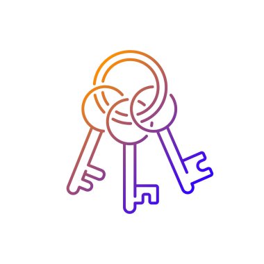 Anahtar zinciri gradyan doğrusal vektör simgesi. Çelik anahtarlık, metalik anahtarlık. Bulmacaları çözmek, bulmacalar için ipuçları. İnce çizgi renkli semboller. Modern tarz pictogram. Vektör izole çizimi