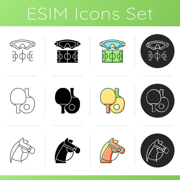Summer camp activities icons set. Water polo. Ping pong. Horseback riding. Competitive team sport. Table tennis. Equestrian sport. Linear, black and RGB color styles. Isolated vector illustrations