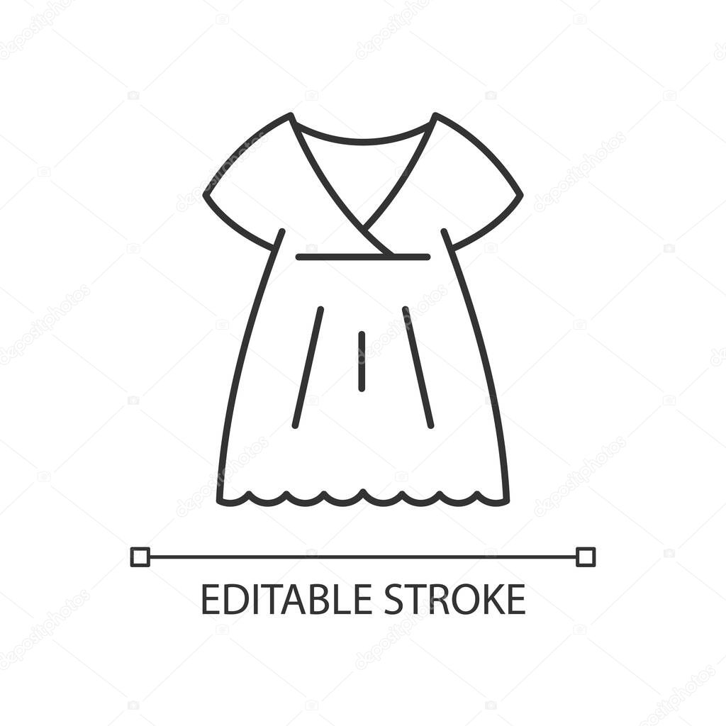 Nightgown linear icon. Long dress. Luxury women apparel. Outfit for girls. Silk wear. Thin line customizable illustration. Contour symbol. Vector isolated outline drawing. Editable stroke