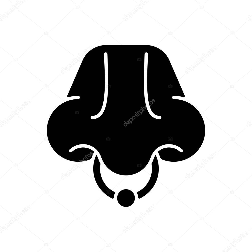 Nose piercing black glyph icon. Professional procedure to inject jewellery into nostrils. Beautiful accessories from valuable materials. Silhouette symbol on white space. Vector isolated illustration