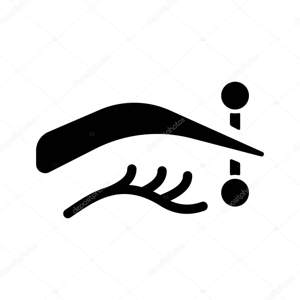Eyebrow piercing black glyph icon. Metal needle injected in human eyebrow. Special type of piercing. Human body jewellery. Silhouette symbol on white space. Vector isolated illustration