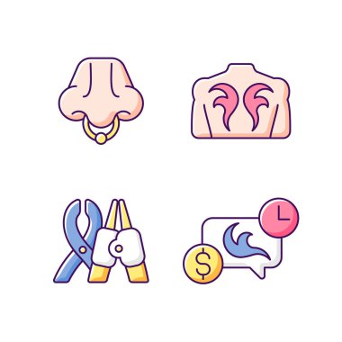 Dövme ve piercing ekipmanları RGB renk simgeleri ayarlandı. İzole vektör çizimleri. Dövme salonları için aletler. Piercingli mücevherler. Ziyaret ana basit doldurulmuş satır çizimleri koleksiyonu