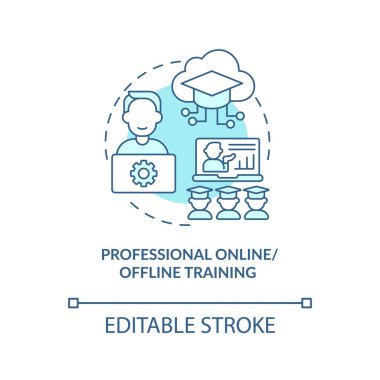 Profesyonel online, çevrimdışı eğitim konsepti ikonu. Toplum gelişimi soyut fikir ince çizgi çizimi. Aktif olarak öğrencilerle ilgili. Vektör izole edilmiş dış hat renk çizimi. Düzenlenebilir vuruş