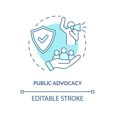 Kamu avukatlığı konsepti ikonu. Toplum soyut fikri değiştiriyor ince çizgi çizimi. Kanun değişikliklerini destekliyorum. Yerel etkinliklere katılmak. Vektör izole edilmiş dış hat renk çizimi. Düzenlenebilir vuruş