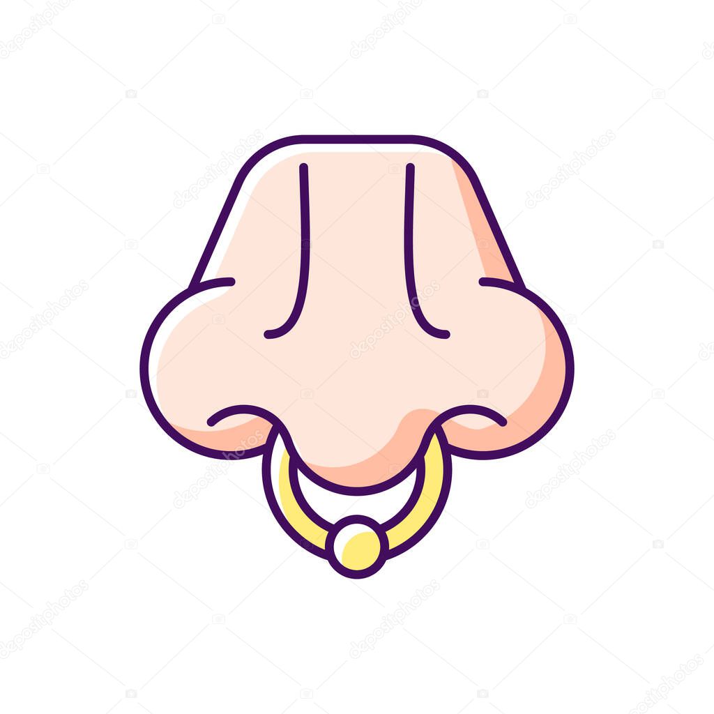 Nose piercing RGB color icon. Isolated vector illustration. Professional procedure to inject jewellery into nostrils. Beautiful accessories from valuable materials simple filled line drawing.