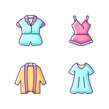 Ev giysisi RGB renk simgeleri ayarlandı. İpek bluz ve şort. Dantelli pijama. Uzun hırka. Spor elbise. İzole vektör çizimleri. Rahat uyku giysisi basit doldurulmuş çizgi çizimleri koleksiyonu