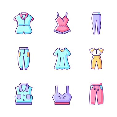 Rahat ev kıyafetleri RGB renk simgeleri seti. İpek gecelik. Deri taytlar ve koşucular. Kot ceketli. Büyük beden elbise. İzole vektör çizimleri. Uyku giysisi basit doldurulmuş çizgi çizimleri koleksiyonu