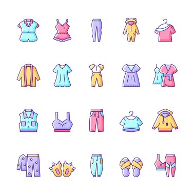 Rahat ev kıyafetleri ve RGB renk simgeleri seti. Kadın geceliği. Erkek spor giyim. Komik terlikler. İzole vektör çizimleri. Pijamalar basit doldurulmuş çizgi çizimleri koleksiyonu