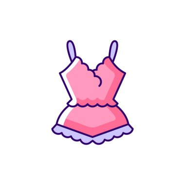 Dantelli pijama pembe RGB renk ikonu. Hanımlar için şık bir gecelik. Kadınlar için modaya uygun bir giysi. İzole vektör çizimi. Rahat ev kıyafetleri ve uyku tulumları basit doldurulmuş çizimler.