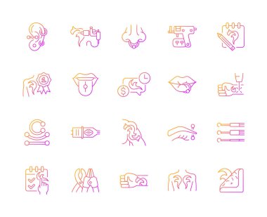 Dövme ve delen doğrusal vektör simgeleri ayarlandı. İnsan derisinde güzel resimler yaratıyor. Profesyonel aletler. İnce çizgili sembol demetleri. İzole vektör ana hatları illüstrasyon koleksiyonu